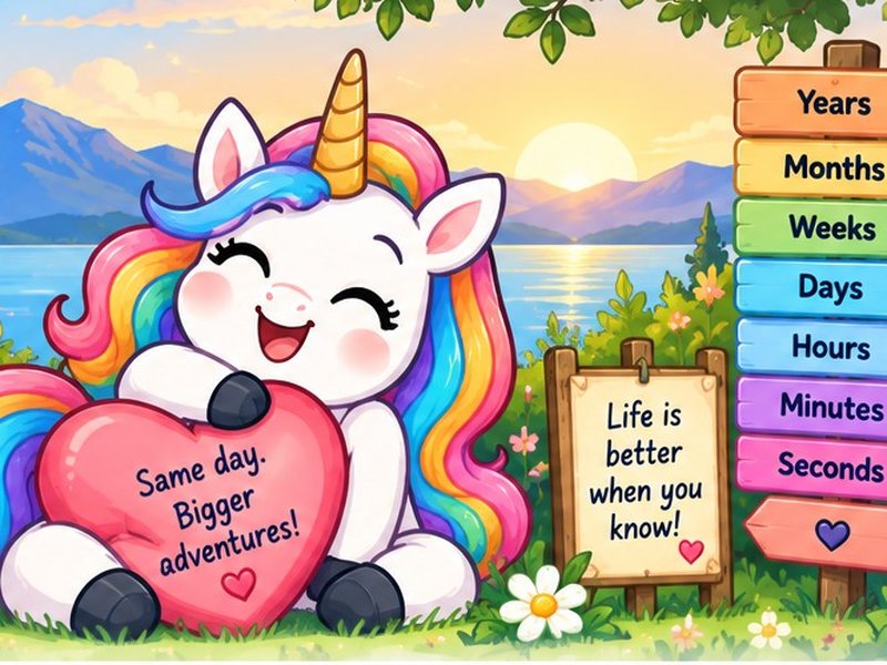 Una the Unicorn smiling beside the Fun Age Calculator