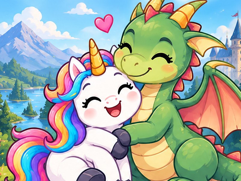 Una the Unicorn with a friendly green dragon for the Dragon Years Calculator