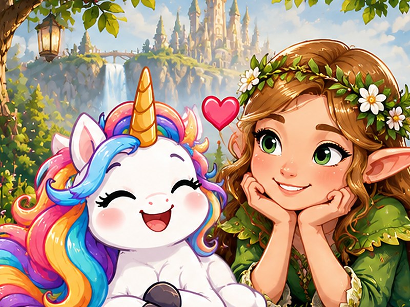 Una the Unicorn with a friendly elf in an enchanted forest for the Elf Years Calculator