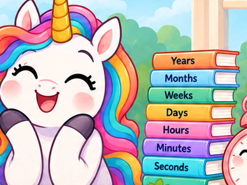 Una the Unicorn beside a cheerful clock for the age in hours calculator