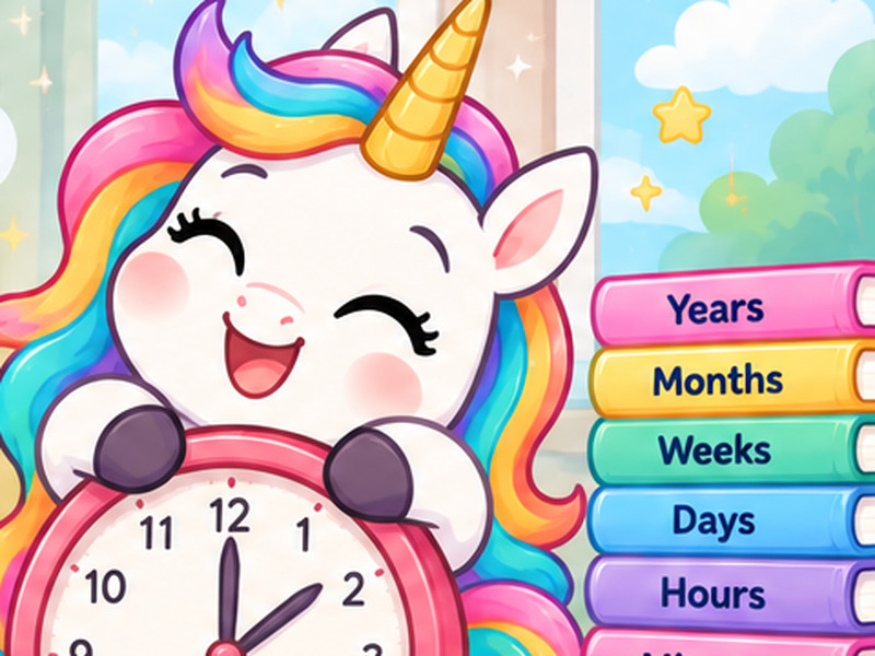 Una the Unicorn holding a cheerful clock for the age in minutes calculator