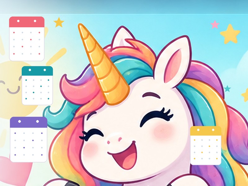 Una the Unicorn with colourful calendar pages for the age in months calculator