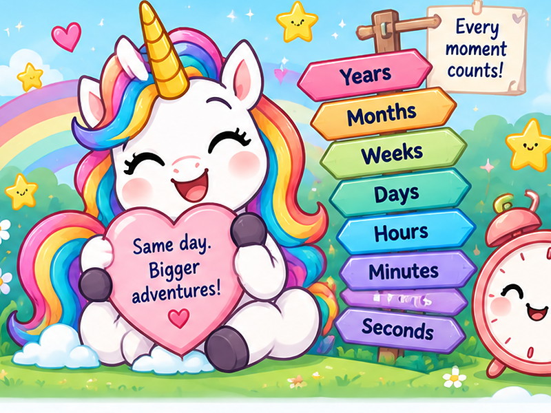 Una the Unicorn beside a cheerful clock and colorful age signs for the age in seconds calculator