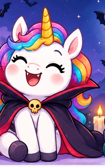 Una the Unicorn dressed as a friendly vampire under a moonlit sky