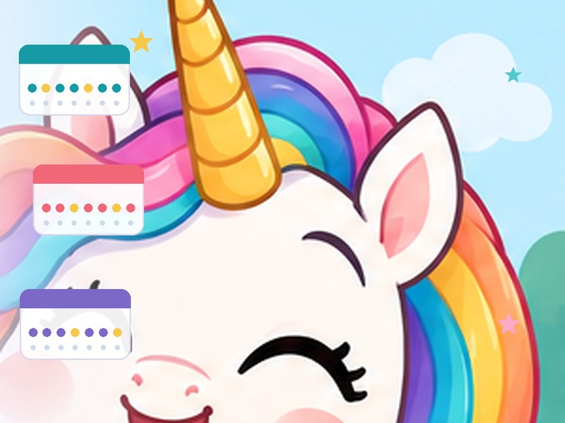 Una the Unicorn with colourful seven-day calendar cards for the age in weeks calculator